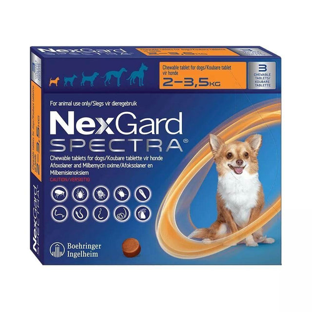 NexGard Spectra chewable tablets for dogs, suitable for 2-3.5 kg, effective against fleas, ticks, and heartworms.