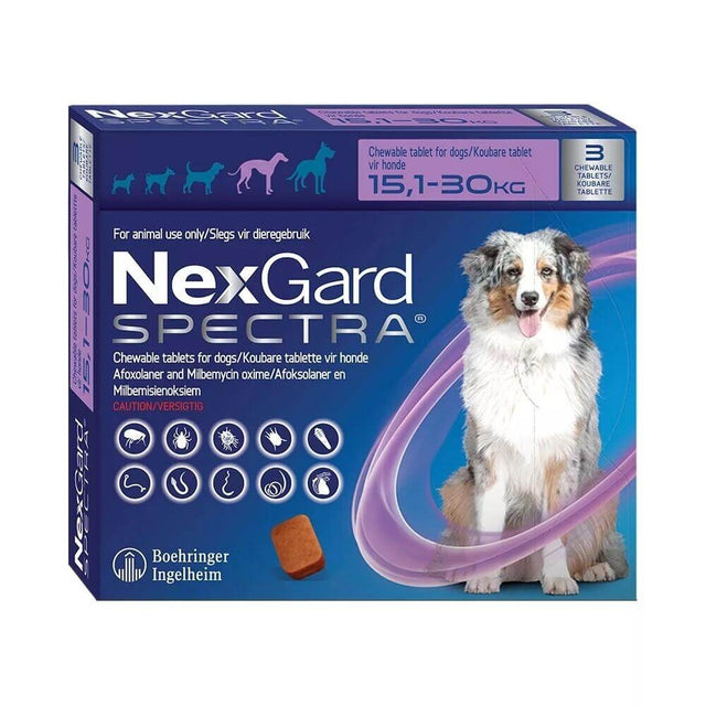 NexGard Spectra chewable tablets for dogs, effective flea and tick prevention, suitable for 15-30 kg dogs.