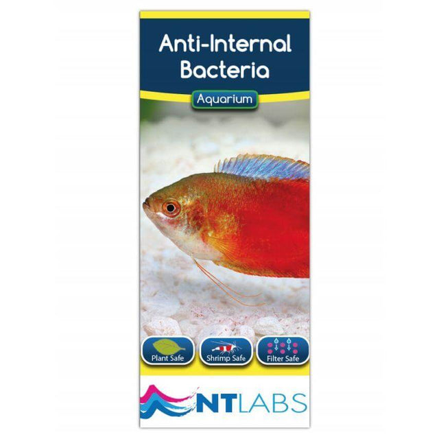 NT Labs Anti-Internal Bacteria treatment for fish, safe for plants, shrimp, and filters, suitable for aquariums.