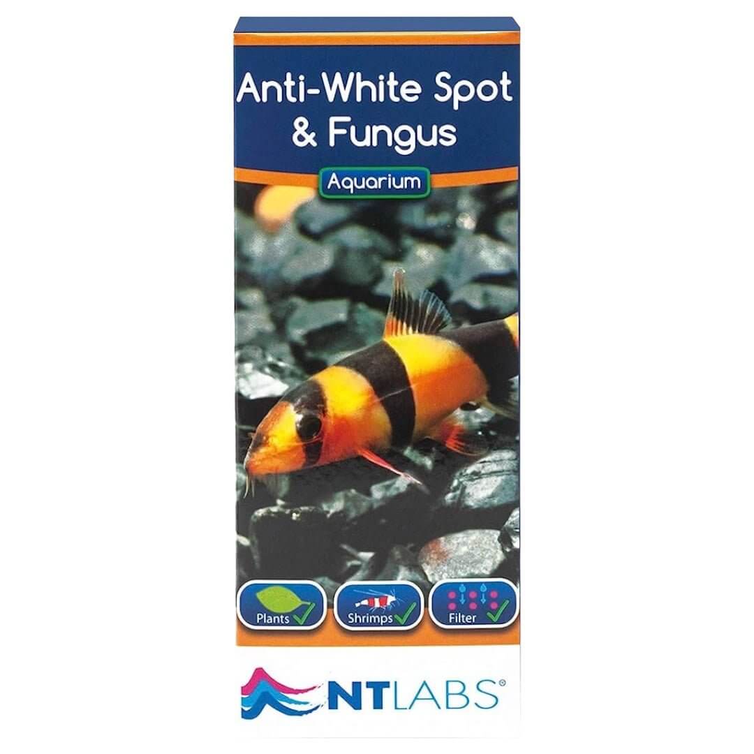 NT Labs Anti-White Spot and Fungus treatment box for aquariums featuring a vibrant fish illustration.