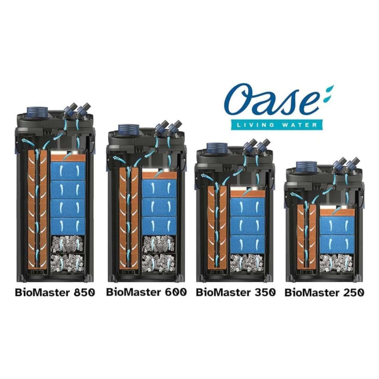 Oase BioMaster Thermo Canister Filters including BioMaster 850, 600, 350, and 250 showcasing filter design and components.