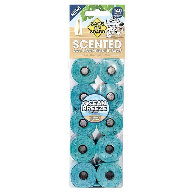 Ocean breeze scented dog poop pick-up bags, 140 count, with double-sealed seams for leakproof waste collection.