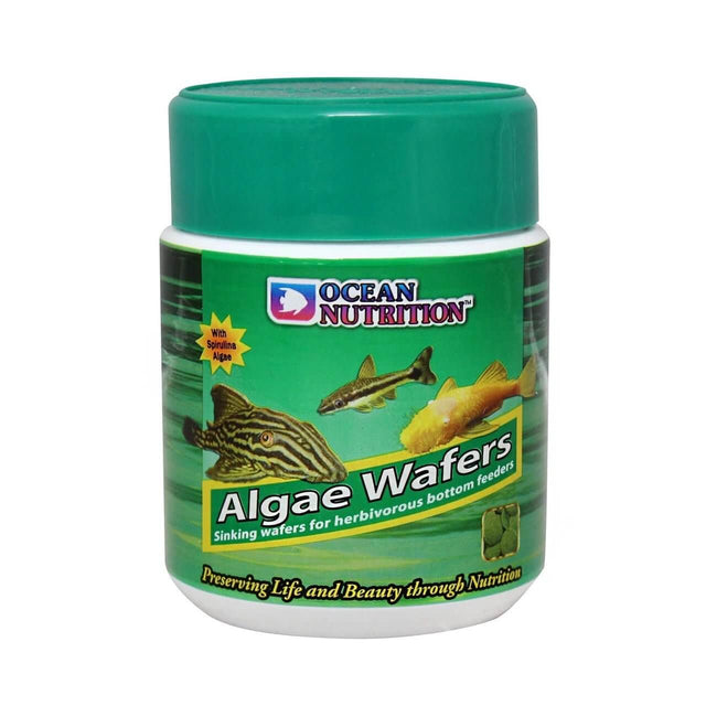 Ocean Nutrition Algae Wafers 150g jar for herbivorous fish, designed for bottom feeders, promoting optimal nutrition and health.