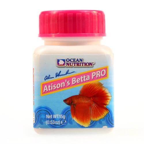 Ocean Nutrition Atison Betta Food Pro packaging for Betta fish growth and conditioning, 15g container.