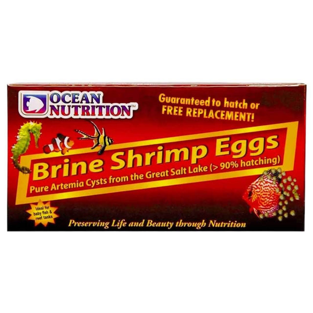 Ocean Nutrition Brine Shrimp Eggs packaging featuring guaranteed hatch rate and high-quality Artemia Cysts for fish feeding.