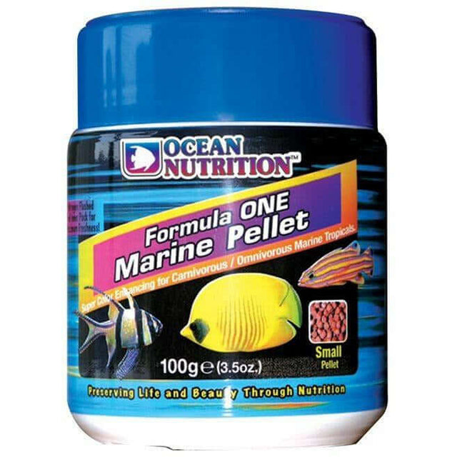 Ocean Nutrition Formula One Pellets 100g canister for carnivorous and omnivorous fish, featuring soft and moist marine pellets.