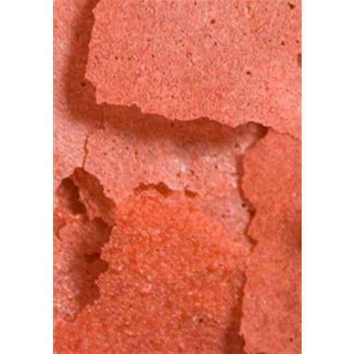 Close-up of Ocean Nutrition Prime Reef Flake showing textured, vibrant pink seafood flakes for fish feeding.