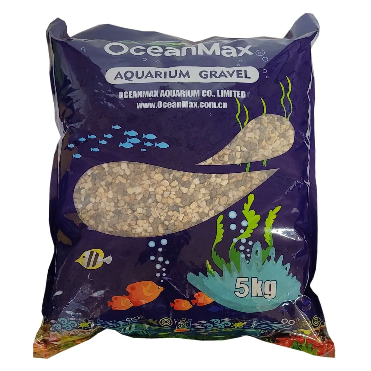OceanMax 5kg aquarium gravel pack, ideal for natural aquarium setups and enhancing underwater aesthetics.
