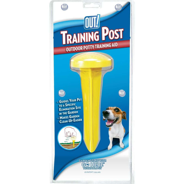 Out Petcare Training Post for dogs, a pheromone-based aid for outdoor potty training and easier clean-up.