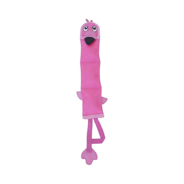 Outward Hound Fire Biterz Flamingo Large dog toy in vibrant pink, made from durable fire hose material with squeakers.