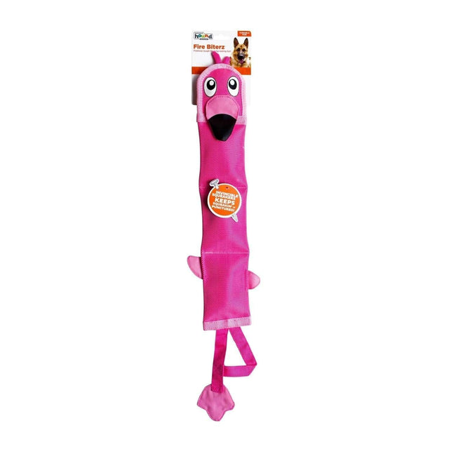 Outward Hound Fire Biterz Flamingo Large dog toy in pink, made from durable fire hose material for tough playtime fun.