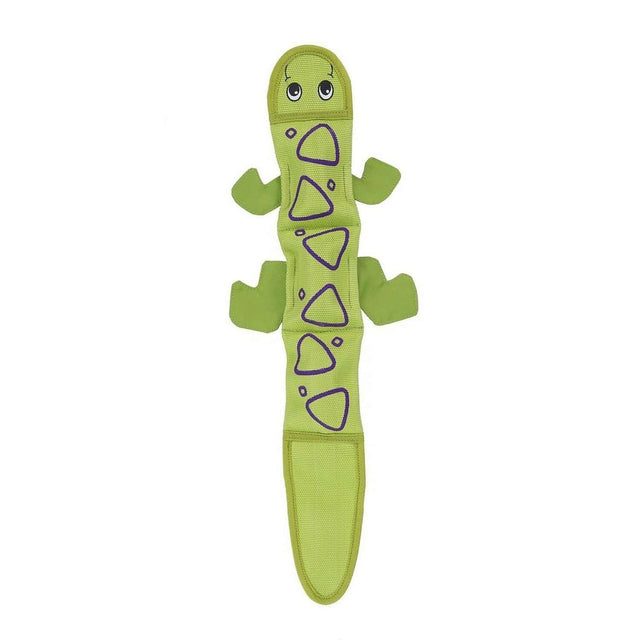 Outward Hound Fire Biterz Lizard toy in green, designed for tough chewers with three squeakers for engaging play.