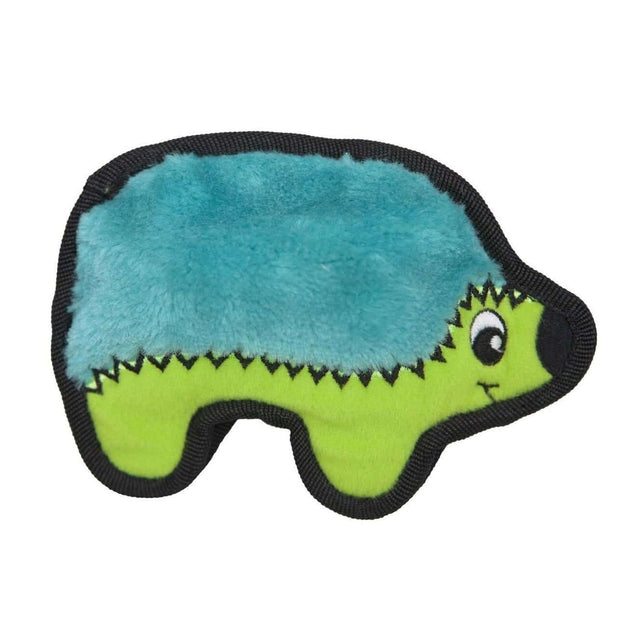 Cute Outward Hound Invincible Hedgehog plush toy designed for dogs, featuring a vibrant teal and green color.
