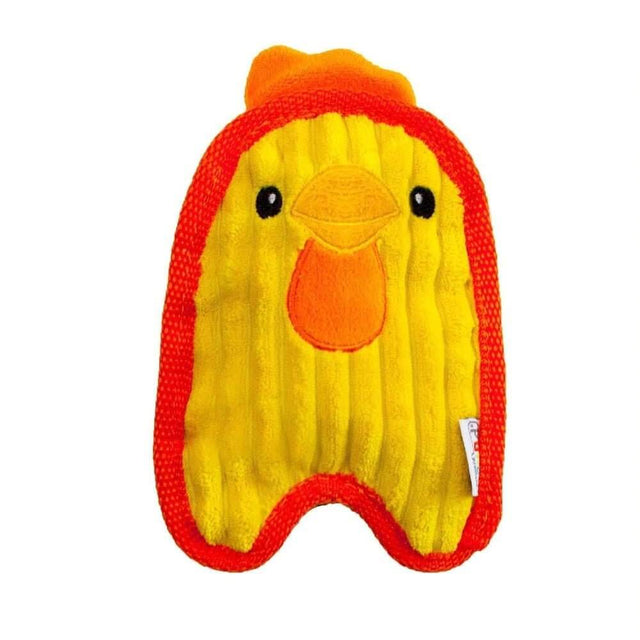 Outward Hound Invincible Mini Chicky dog toy in yellow and orange, designed for durable play and squeaking fun.