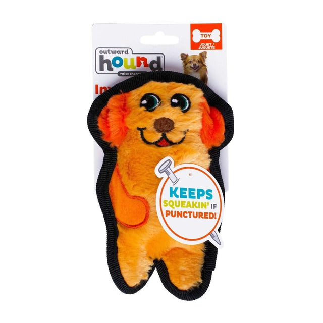 Outward Hound Invincible Mini Dog toy featuring a cute orange design with a tag reading "Keeps Squeakin' If Punctured."
