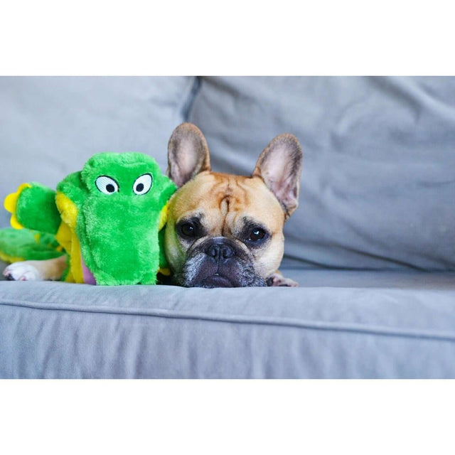French Bulldog resting beside Outward Hound Squeaker Matz Gator toy on a gray couch.