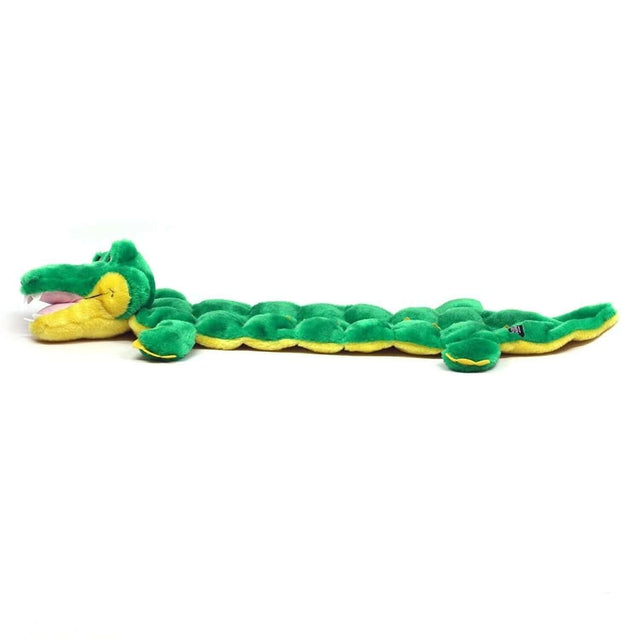 Outward Hound Squeaker Matz Gator plush toy in green, featuring multiple squeakers for furry friend fun.