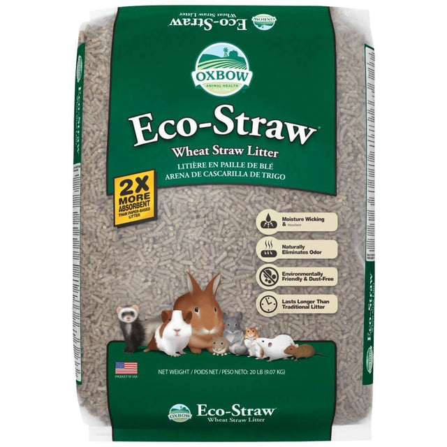 Oxbow Eco-Straw Wheat Straw Litter package featuring small animals, highlighting moisture wicking and absorbent qualities.