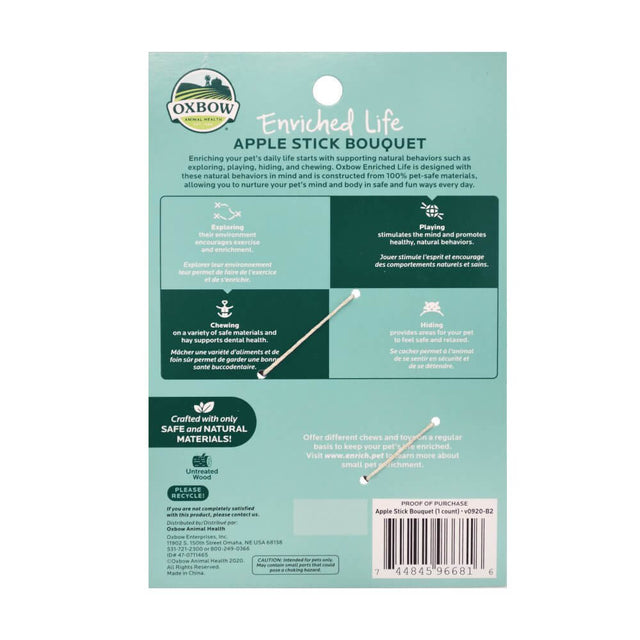 Oxbow Enriched Life Apple Stick Bouquet packaging featuring information on pet-safe materials and benefits for animals.
