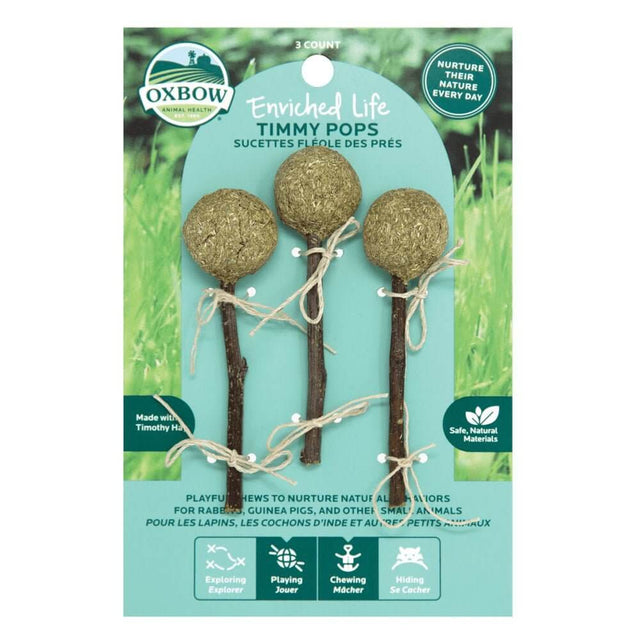 Oxbow Enriched Life Timmy Pops 3 Pack for pets, made with Timothy hay, promoting natural chewing and play behaviors.