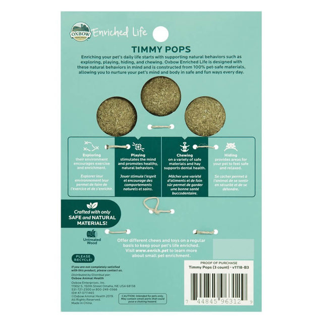 Oxbow Enriched Life Timmy Pops 3 Pack, high-fiber chews for pets, promoting natural behaviors like playing and hiding.