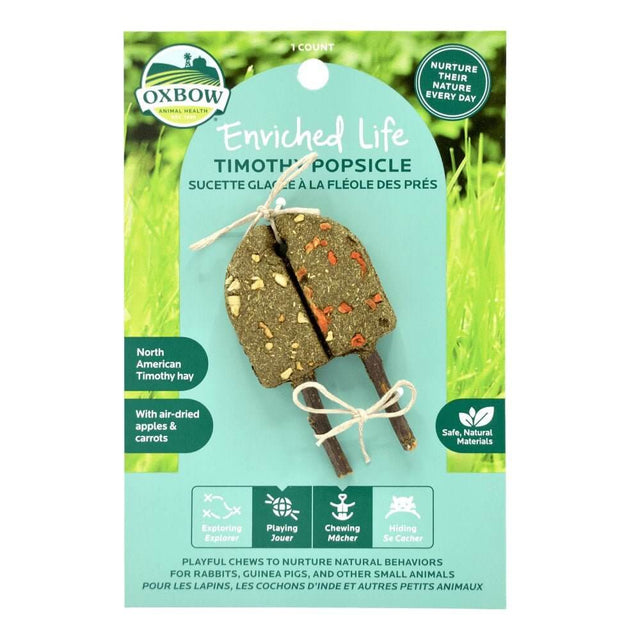 Oxbow Enriched Life Timothy Popsicle with apples and carrots, promoting natural pet behaviors in a vibrant package.