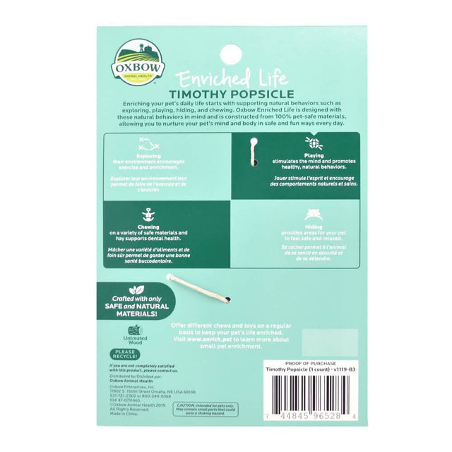 Oxbow Enriched Life Timothy Popsicle package back, highlighting pet-safe materials and natural behaviors.
