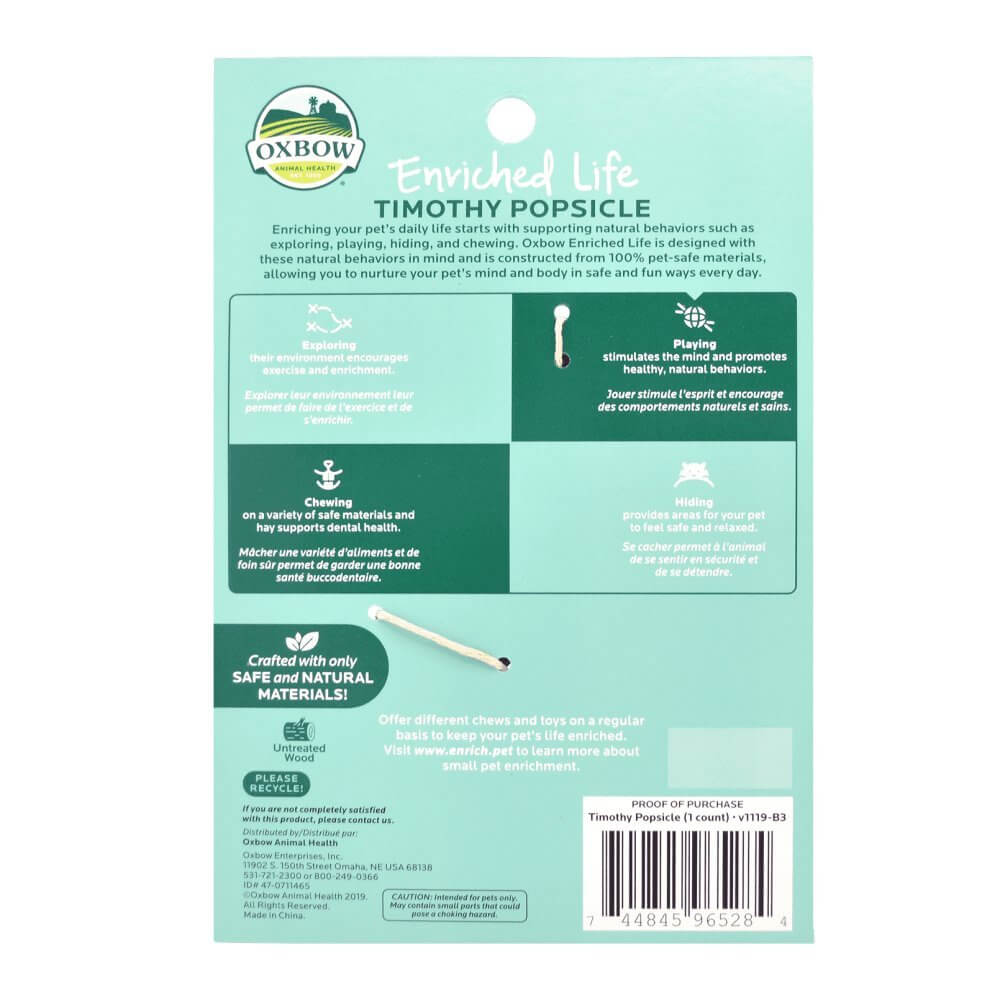 Oxbow Enriched Life Timothy Popsicle package back, highlighting pet-safe materials and natural behaviors.