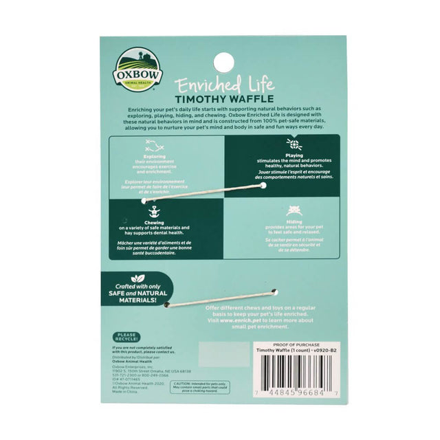 Oxbow Enriched Life Timothy Waffle packaging highlighting pet-safe materials and natural behavior support.
