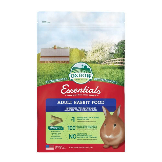 Oxbow Essentials Adult Rabbit Food bag featuring high-fiber ingredients for healthy digestion and overall pet wellness.