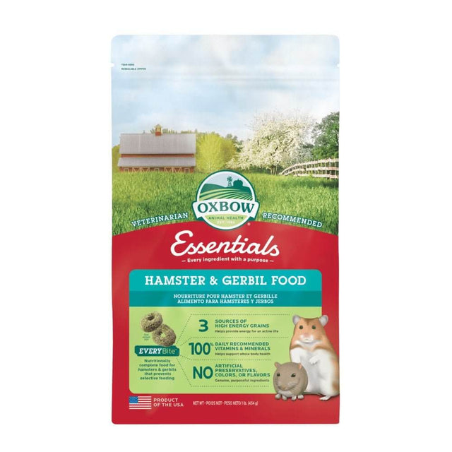Oxbow Essentials Hamster and Gerbil Food 454g package with vibrant field background, ideal for healthy pet nutrition.