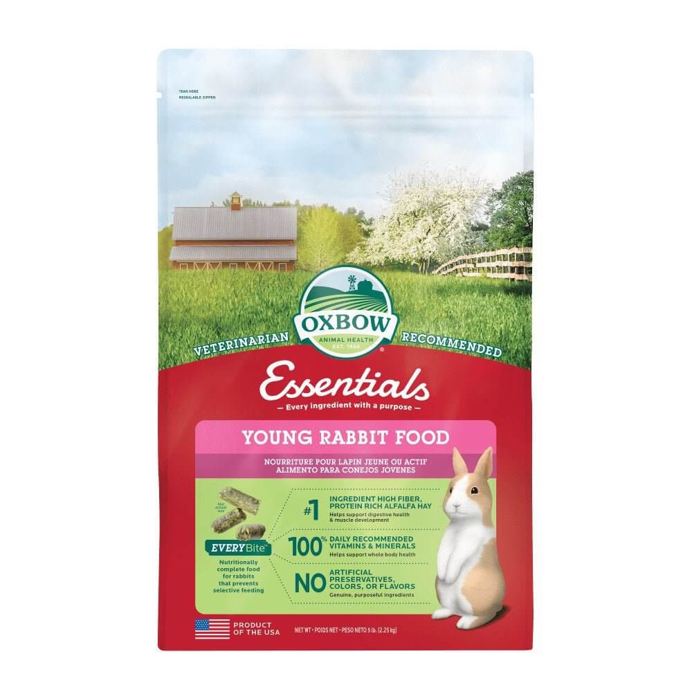 Oxbow Essentials Young Rabbit Food package with farm backdrop, designed for healthy growth and digestion in young rabbits.