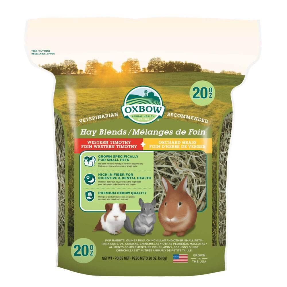 Oxbow Hay Blends featuring Western Timothy and Orchard Grass, ideal for rabbits and small pets' nutrition.