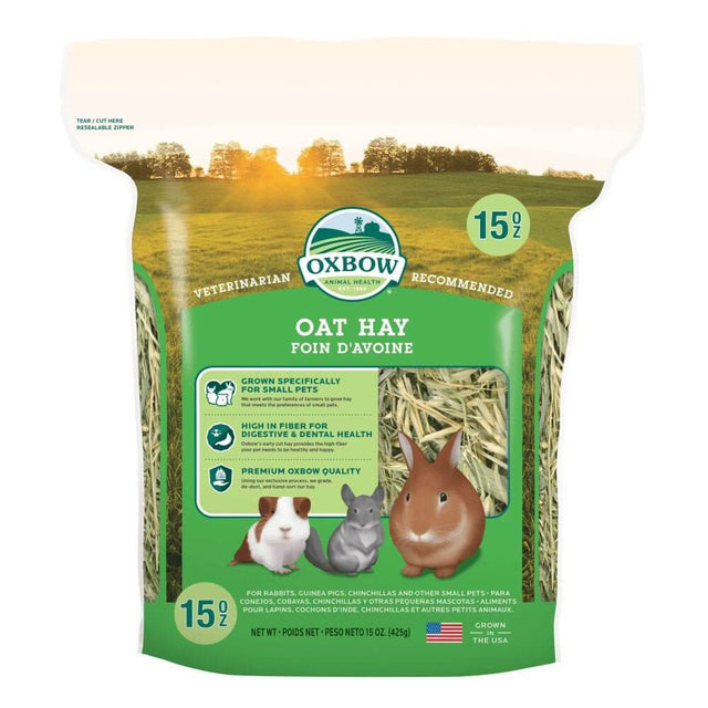 Oxbow Oat Hay 425g package for rabbits and small pets, featuring high fiber for digestive health and savory flavor.