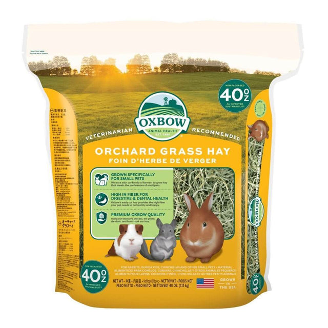 Oxbow Orchard Grass Hay package for small pets, featuring aromatic, high-fiber hay for rabbits and guinea pigs.