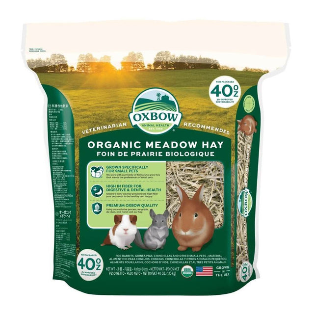 Oxbow Organic Meadow Hay bag showcasing high-fiber hay for small pets like rabbits and guinea pigs, promoting health and sustainability.
