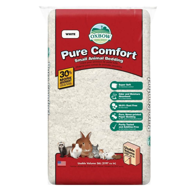 Oxbow Pure Comfort White Bedding bag for small animals, super soft, odor absorbent, 99.9% dust-free, 36L volume.