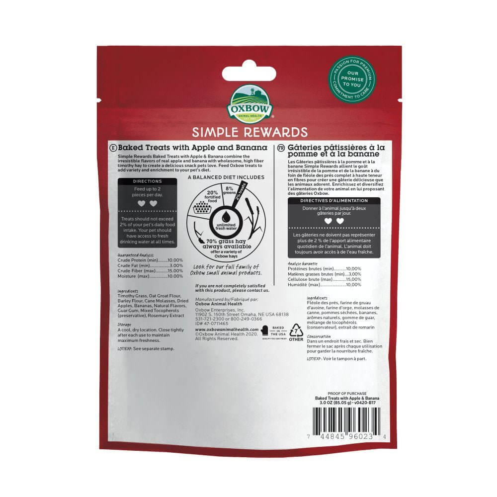 Oxbow Simple Rewards Baked Treats with Apple & Banana 85g package back, showing ingredients and feeding directions.