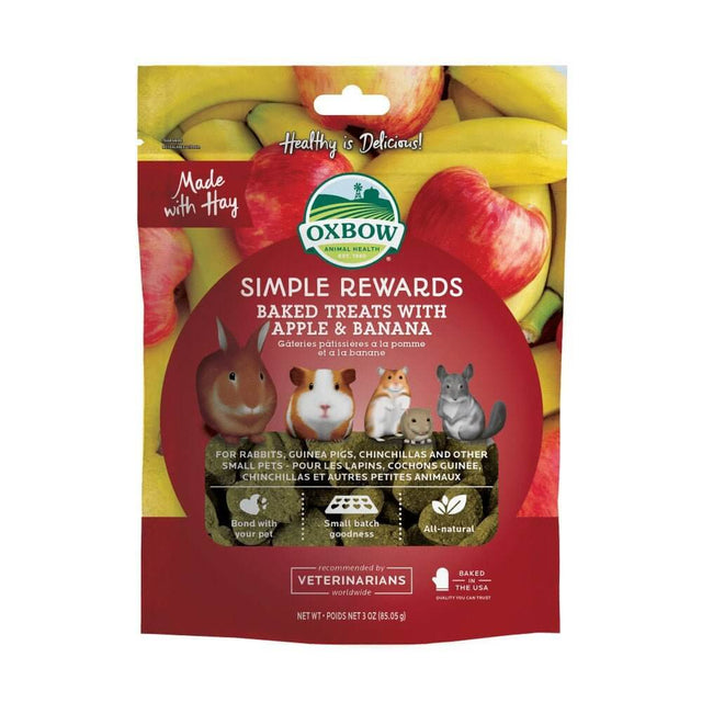 Oxbow Simple Rewards Baked Treats with Apple & Banana 85g bag for rabbits and small pets, featuring wholesome ingredients.