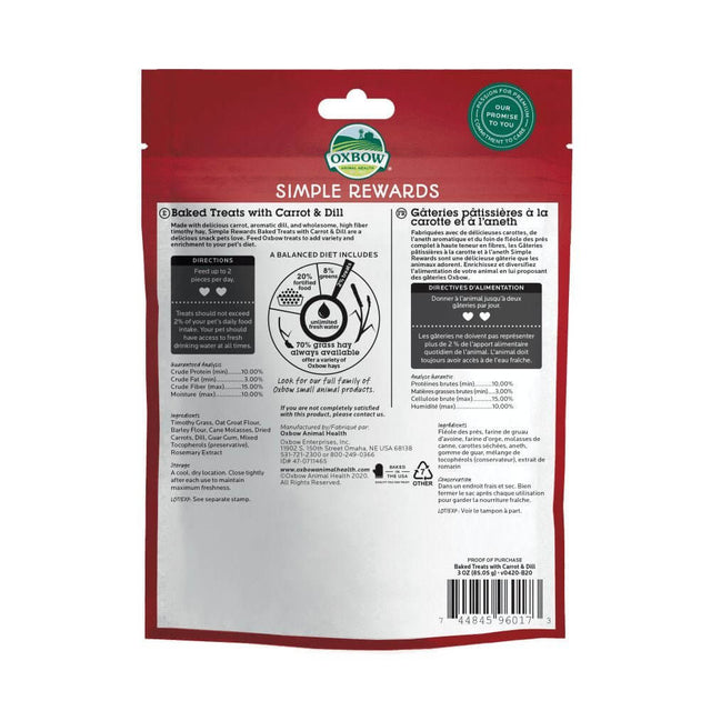 Oxbow Simple Rewards Baked Treats with Carrot & Dill packaging showing nutritional information and feeding guidelines.