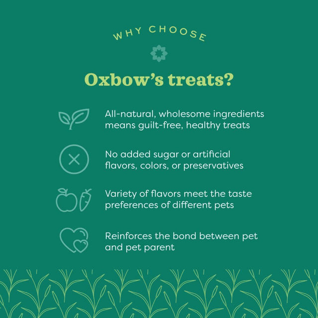 Infographic explaining the benefits of Oxbow's treats: all-natural, no added sugars, flavor variety, and bonding benefits.