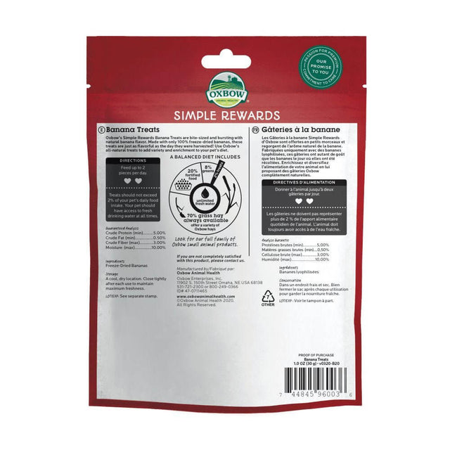 Oxbow Simple Rewards Freeze-Dried Banana Treats 30g packaging with feeding instructions and nutritional info.