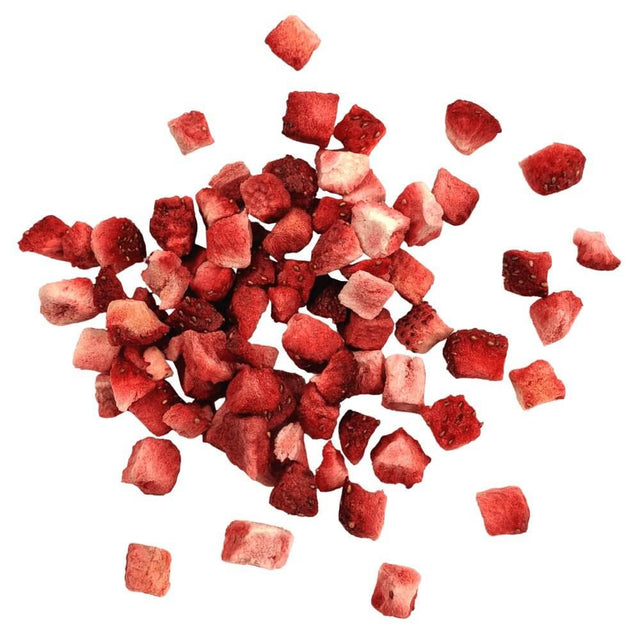 Freeze-dried strawberry treats for small animals, showcasing vibrant red and pink pieces, perfect for pets.
