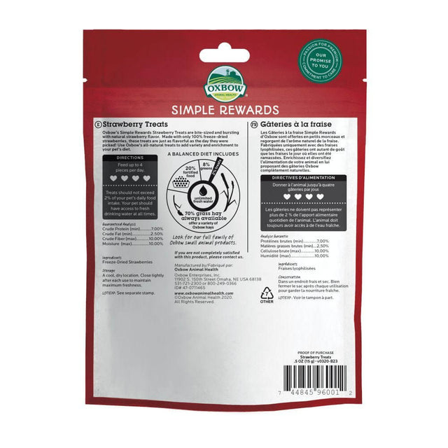 Oxbow Simple Rewards Strawberry Treats back packaging with nutritional information and feeding guidelines.