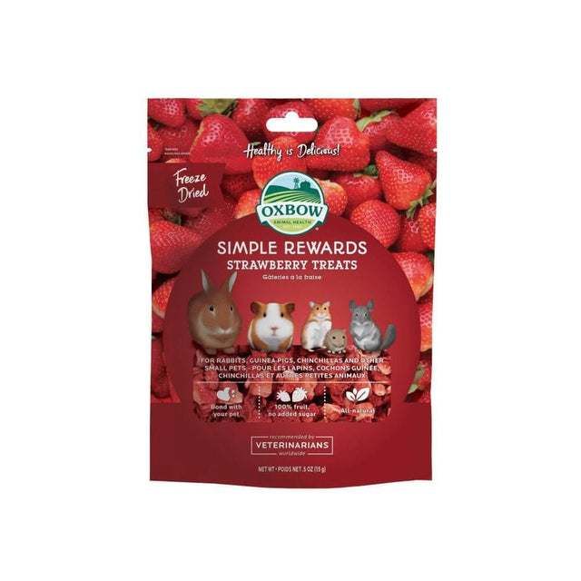 Oxbow Simple Rewards Strawberry Treats package for rabbits, guinea pigs, and small animals, featuring freeze-dried strawberries.