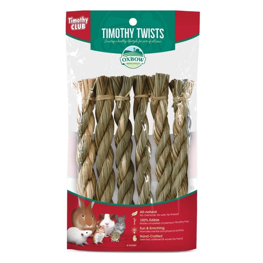 Oxbow Timothy Club Timothy Twists 6 pack, hand-woven chew treats for small pets like rabbits and guinea pigs.