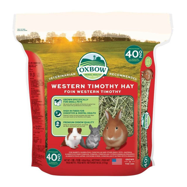 Oxbow Western Timothy Hay bag for small pets, rich in fiber, vet-recommended, grown specifically for rabbits and guinea pigs.