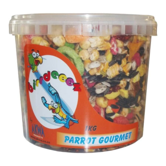 Parrot Gourmet Food Bucket filled with colorful seeds and tropical fruits for parrots, cockatiels, and lovebirds.