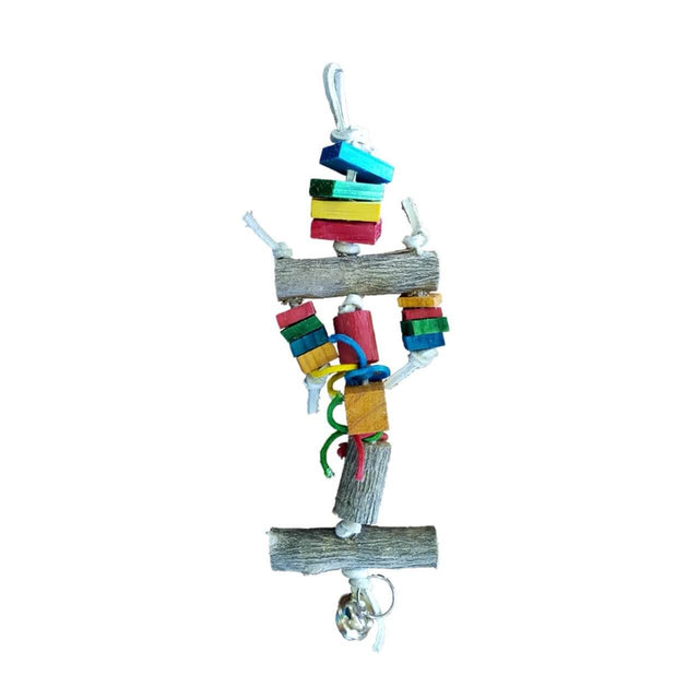 Parrot Leather Disc and Block Play Toy 22cm made with colorful wood and durable rope for bird entertainment and exercise.