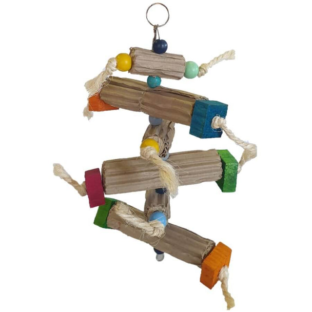 Colorful parrot shredding toy featuring wooden blocks and ropes, perfect for chewing and play, 260mm in size.